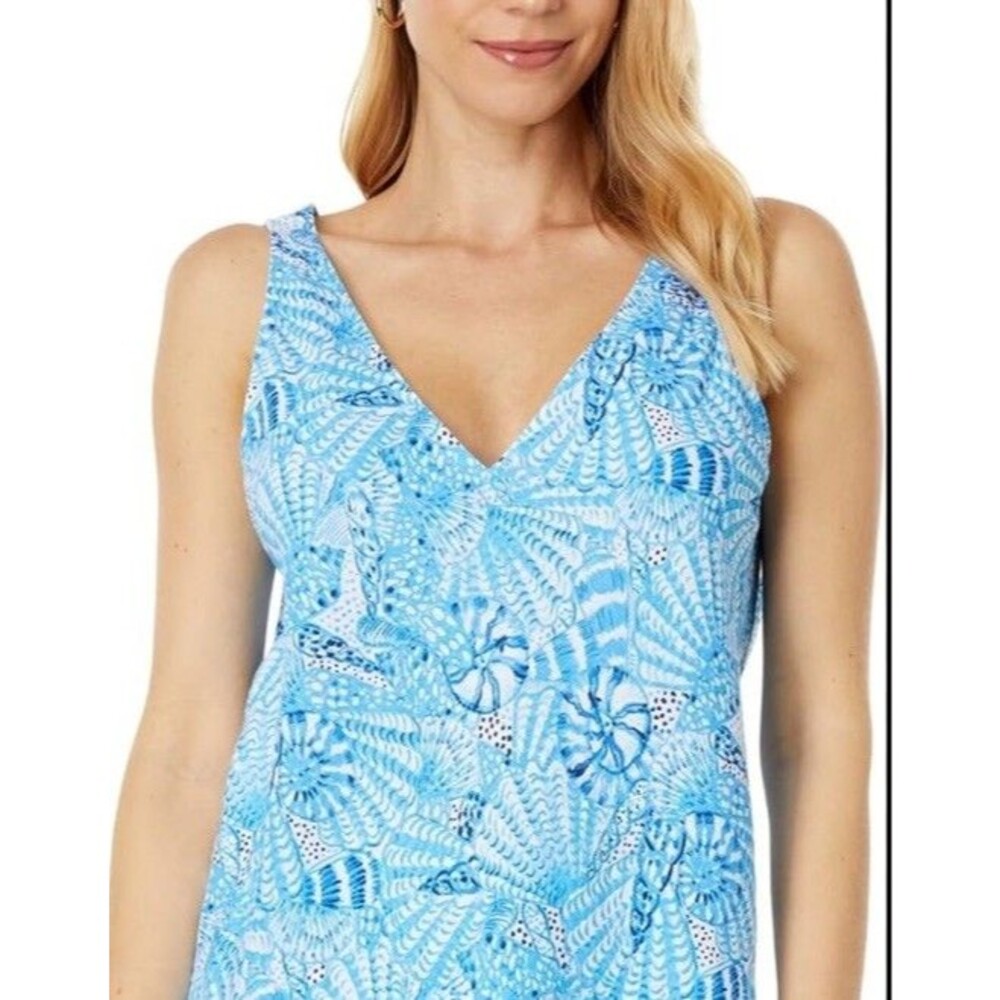 Lilly Pulitzer Size S Florin Sleeveless 100% Linen V-Neck Tank Top Tropical Blue